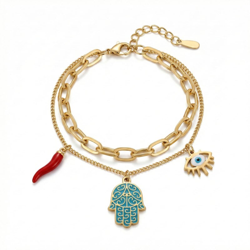 A gold bracelet made of rust-resistant stainless steel, with a design that combines blue palm, eye, and attractive red pepper charms, with an adjustable clasp to suit you. - Image 1